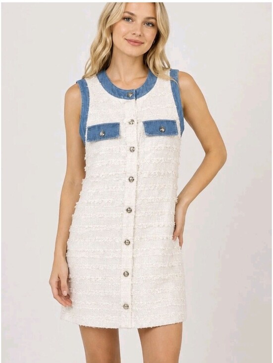 HEYSON Dresses & Skirts - HEYSON women's ivory tweed denim trim sleeveless button front mini dress